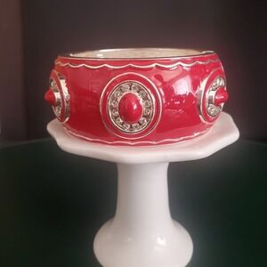 Wide Hinged Bangle Cherry Red Enamel with Crystal Accents on Silver‎ Tone Base